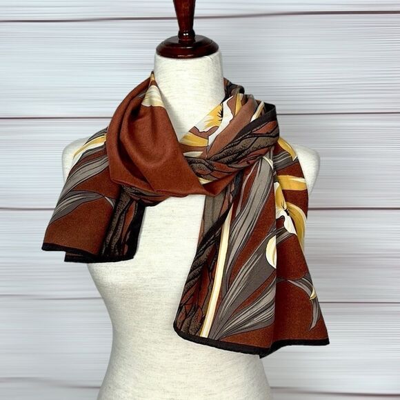 Basile Oblong Silk Scarf Brown Yellow Orchid Hand Rolled - Picture 4 of 10